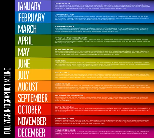 Full Year Timeline Template All Months Each Colorful Line Shadow — Stock Vector