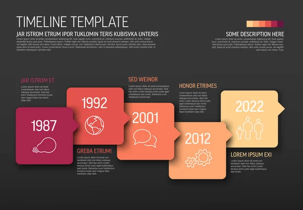 Infografía Vectorial Plantilla Línea Tiempo Horizontal Roja Hecha Burbujas Iconos — Vector de stock