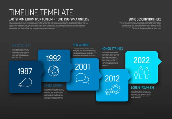 Modello Timeline Orizzontale Infografica Blu Vettoriale Realizzato Con Bolle Icone — Vettoriale Stock