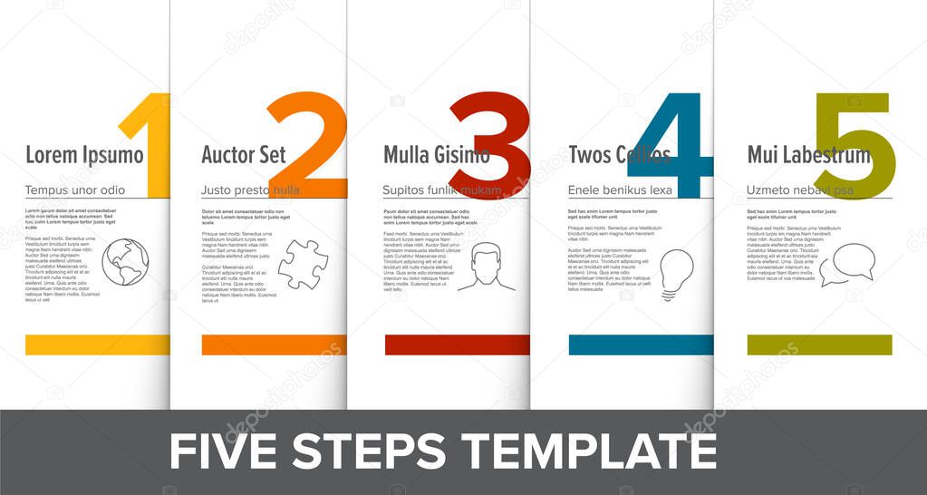 One two three four five vector light progress steps template with descriptions, flat colors and icons