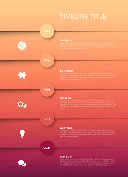 Plantilla Línea Tiempo Simple Con Iconos Descripciones Versión Degradado Rojo — Vector de stock