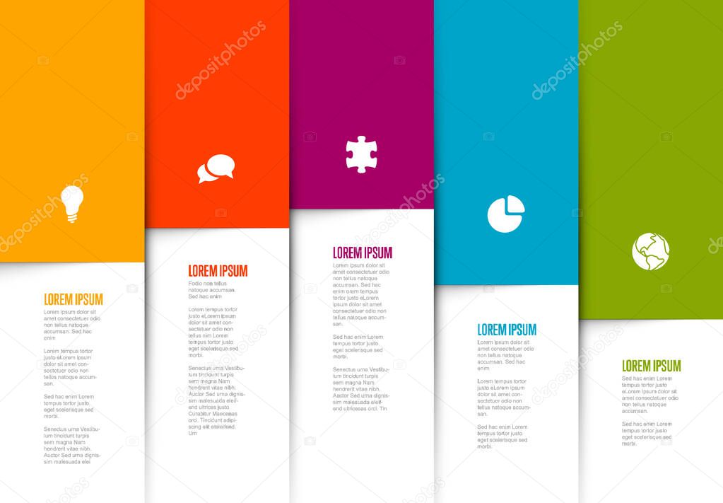 Five graph elements infographic template - each column element contains icon, title and description