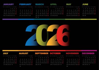 Gelişmiş siyah arkaplanlı 2026 yıllık takvim, planlama için net ve renkli bir 2026 takvimi sunuyor. Bu canlı 2026 takvim tasarımı 12 ayın tamamını göstermek için mükemmel..