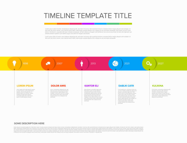 A clean, modern horizontal timeline infographic template features colorful steps and icons, perfect for representing project milestones or historical data clearly. 