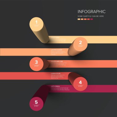 Renkli 3 boyutlu silindirler ve eşlik eden metin tutucuları içeren modern ve minimalist 5 adımlı bir bilgi şablonu. Süreç veya zaman çizgileri sunmak için bilgi şablonu ideal.