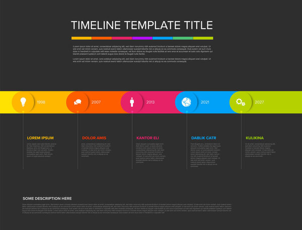 Modern, color-coded infographic timeline template effectively visualizes milestones and data across a timeline. The clean timeline design for presenting historical data or future plans vividly.