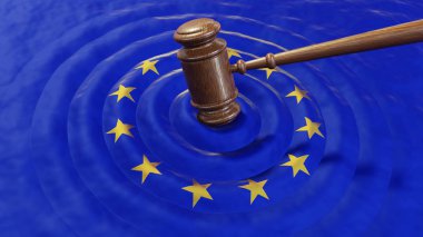 Çekiç veya AB bayrağı isabet tokmak hakim. Hukuk, Gdpr ihlali, vergi kaçırma, para cezası, yolsuzluk kavramı