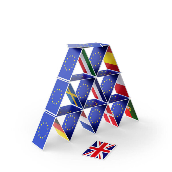 House of Cards with EU flags. The British card has fallen symbolizing Brexit