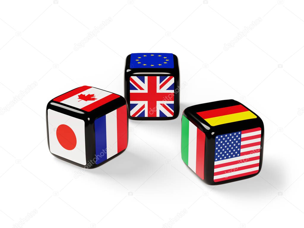 Dice with flags of the G7 nations cast