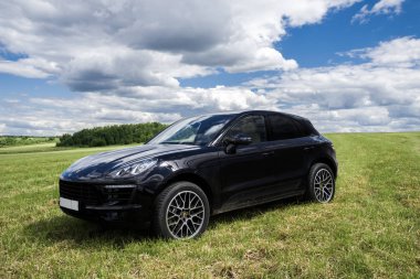Porsche Macan taze yeşil bahar çimenlerin üzerinde duruyor