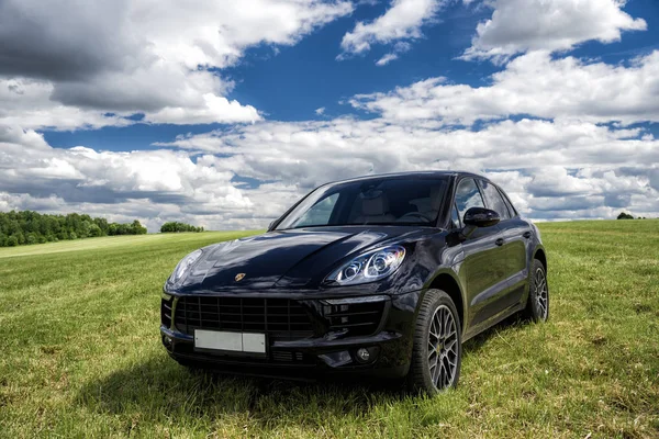 Porsche Macan taze yeşil bahar çimenlerin üzerinde duruyor