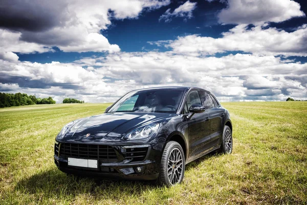 Porsche Macan taze yeşil bahar çimenlerin üzerinde duruyor