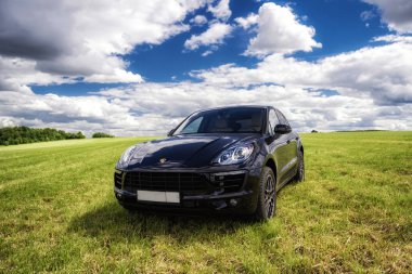 Porsche Macan taze yeşil bahar çimenlerin üzerinde duruyor