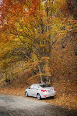 Araba Hyundai Solaris (vurgu) doğada duruyor. Büyük Kanyon, Kırım Cumhuriyeti. 2016-10-27