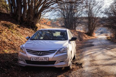Araba Hyundai Solaris (vurgu) doğada duruyor. Büyük Kanyon, Kırım Cumhuriyeti. 2016-03-07