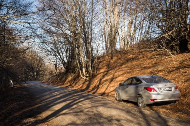 Araba Hyundai Solaris (vurgu) doğada duruyor. Büyük Kanyon, Kırım Cumhuriyeti. 2016-03-07