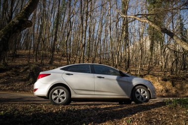 Araba Hyundai Solaris (vurgu) doğada duruyor. Büyük Kanyon, Kırım Cumhuriyeti. 2016-03-07