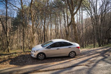 Araba Hyundai Solaris (vurgu) doğada duruyor. Büyük Kanyon, Kırım Cumhuriyeti. 2016-03-07