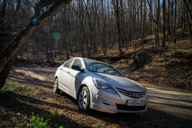 Araba Hyundai Solaris (vurgu) doğada duruyor. Büyük Kanyon, Kırım Cumhuriyeti. 2016-03-07