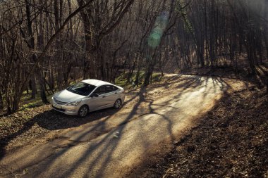 Araba Hyundai Solaris (vurgu) doğada duruyor. Büyük Kanyon, Kırım Cumhuriyeti. 2016-03-07