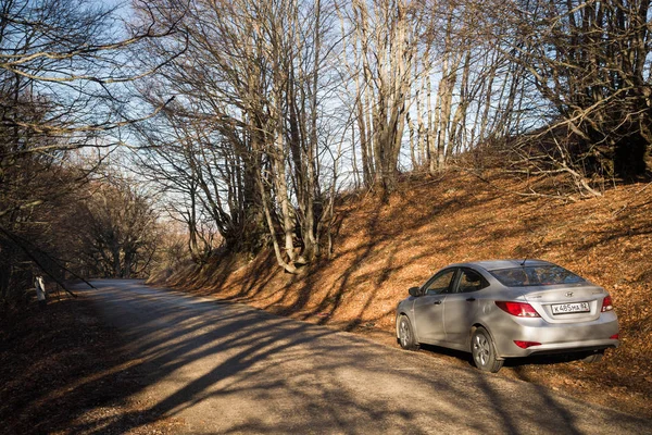 Araba Hyundai Solaris (vurgu) doğada duruyor. Büyük Kanyon, Kırım Cumhuriyeti. 2016-03-07