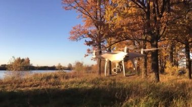 Gösteri uçuş drone ile DJI indeks işlem Phantom 4 Pro sonbahar ormanın içinde. Moskova, Rusya. 12 Ekim 2018