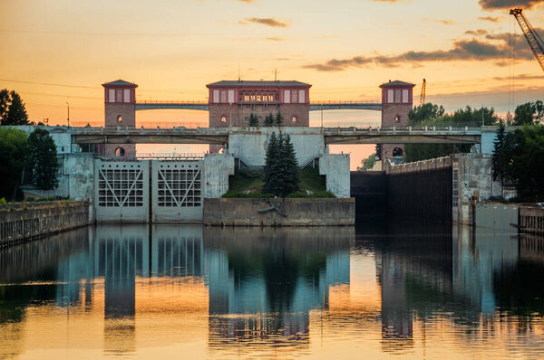 Rybinsk, Russia - July 12, 2013: Gates of the Rybinsk hydroelectric complex (station)