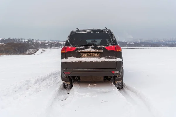 Moskou Rusland December 2018 Zwarte Road Auto Mitsubishi Pajero Sport — Stockfoto