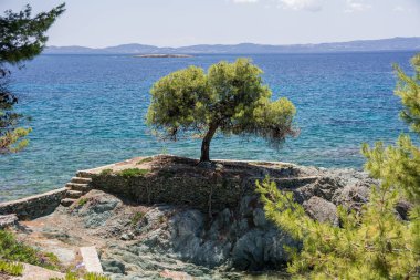 Sithonia, Chalkidiki, Yunanistan - 29 Haziran 2014: Açık güneşli havalarda deniz ve plaj yarımada görünümü