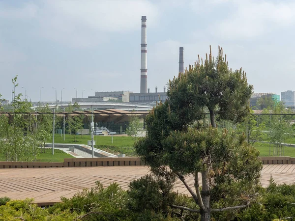Moskova, Rusya - 9 Mayıs 2019: Park Tuffel Grove (Tyufeleva roshcha) ve inşaat altında ilçe Zilart. Eski fabrika Zil yerine yeni yerleşim alanı
