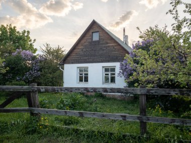 Kolomenskoye parkta ahşap çit ile basit bir köy evi