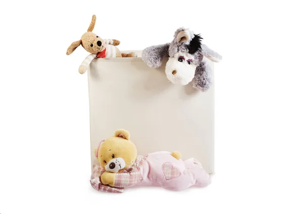 White Toys Box Plush Donkey Rabbit Bear Isolated White Background — Stock Photo, Image