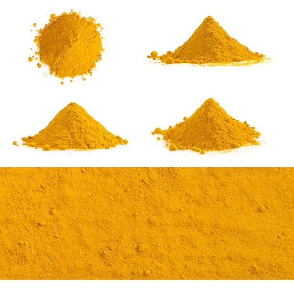 一套姜黄粉堆隔离在白色 姜黄香料 — 图库照片