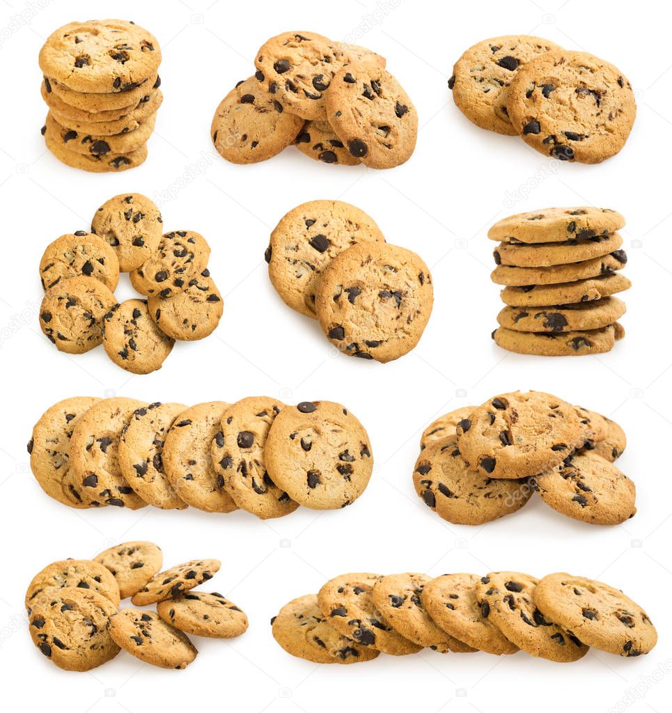 Big set of american chocolate chip cookies isolated on white background. Sweet homemade biscuits.
