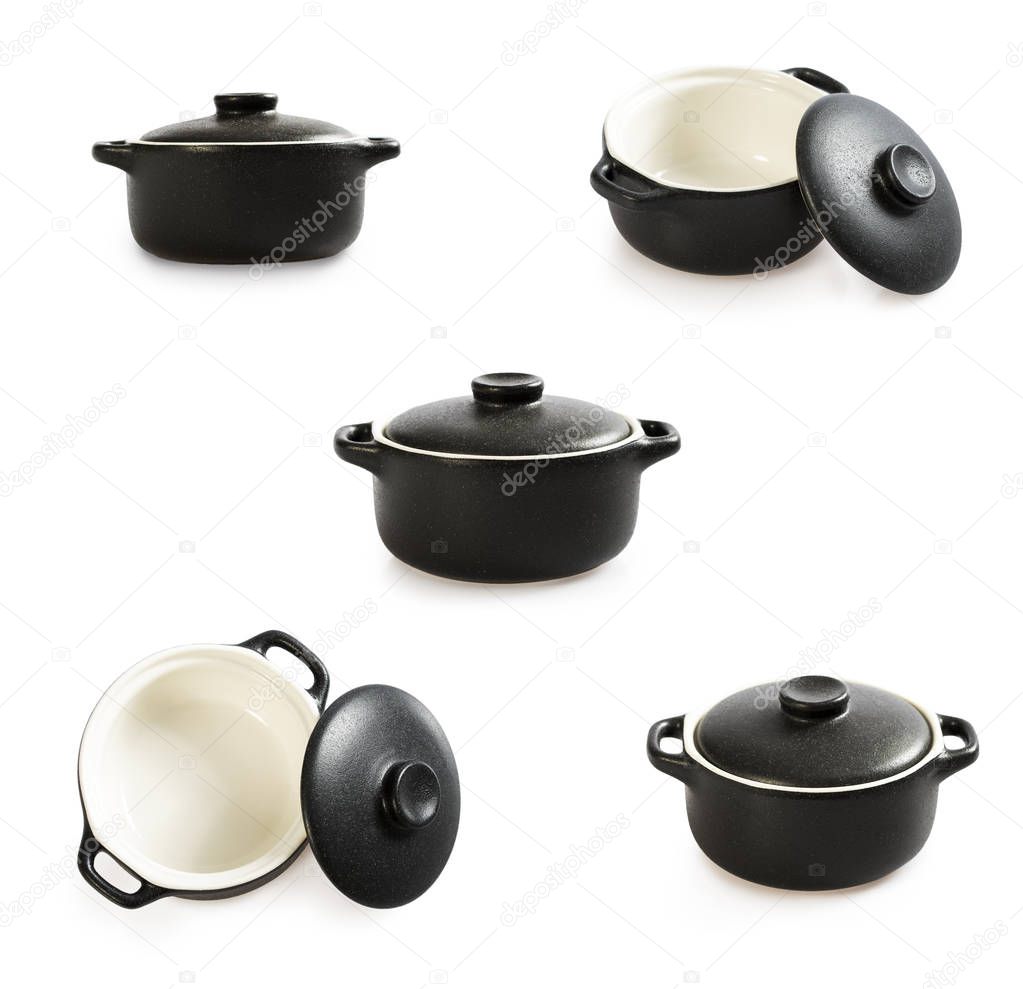 Big set of cooking pot isolated on white. Black colour outside and white inside. Baking pot.