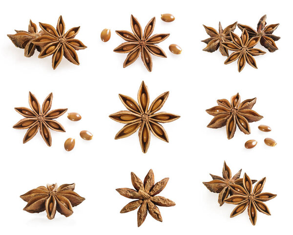 Big set of anise stars isolated on white with anise seed. Aniseed spice.