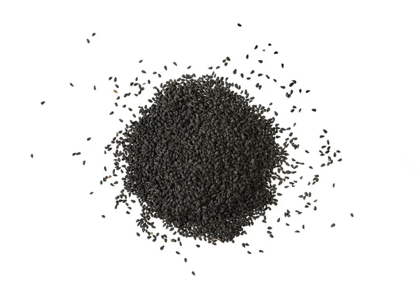 Schwarzkümmelhaufen Auf Weißem Hintergrund Ein Haufen Nigella Sativa Samen — Stockfoto