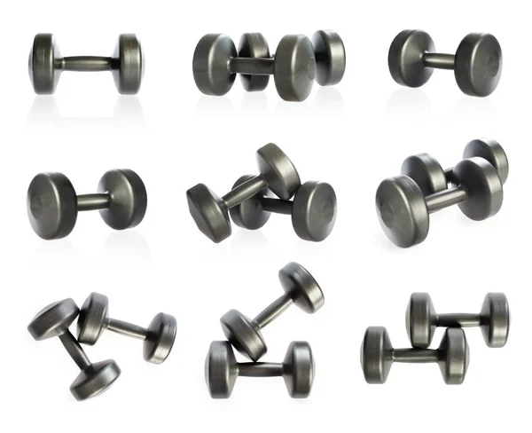 Collectie van fitness Grey dumbbells geïsoleerd op wit — Stockfoto
