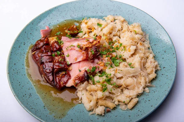Roast pork leg with dumplings and cabbage — Stock Image Roast Pork Leg Dumplings Cabbage Stock Photo