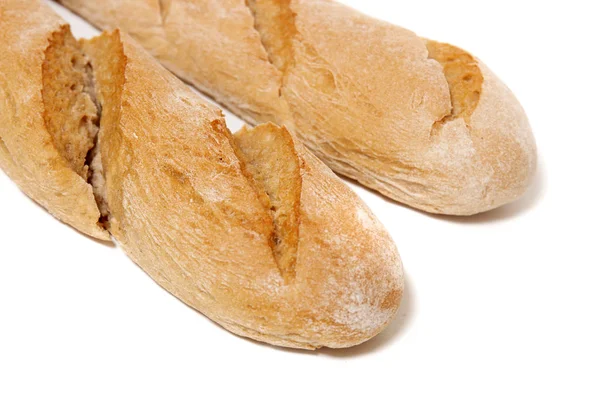 Vista Vicino Del Tradizionale Pane Baguette Sfondo Bianco — Foto Stock