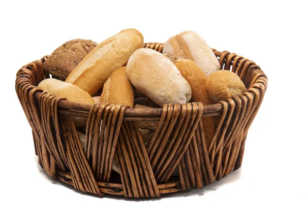 Fresh Assortment Several Baked Bread Varieties Wicker Basket — Stock Photo, Image
