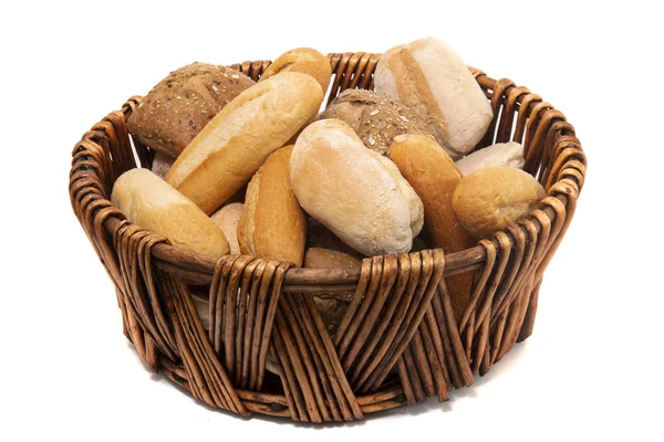 Fresh Assortment Several Baked Bread Varieties Wicker Basket — Stock Photo, Image