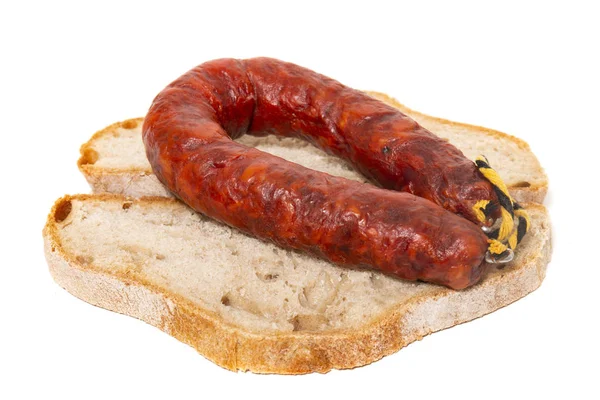 Chorizo Tranches Pain Traditionnelles Isolées Sur Fond Blanc — Photo