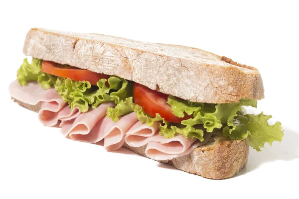 Leckeres Sandwich Mit Schinken Vor Weißem Hintergrund — Stockfoto