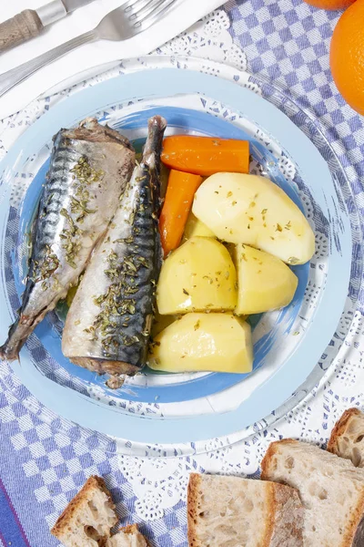 Närbild Traditionell Portugisisk Måltid Makrill Fisk Med Potatis Och Morot — Stockfoto