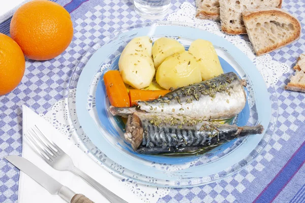 Detailní Pohled Tradiční Portugalské Jídlo Ryb Makrela Brambory Mrkev — Stock fotografie