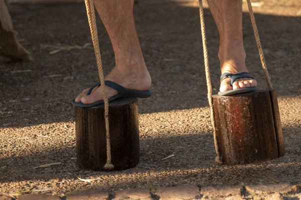 Medieval Game Consists Walking Two Stumps Wood Feet Aid Cords — Stock Photo, Image