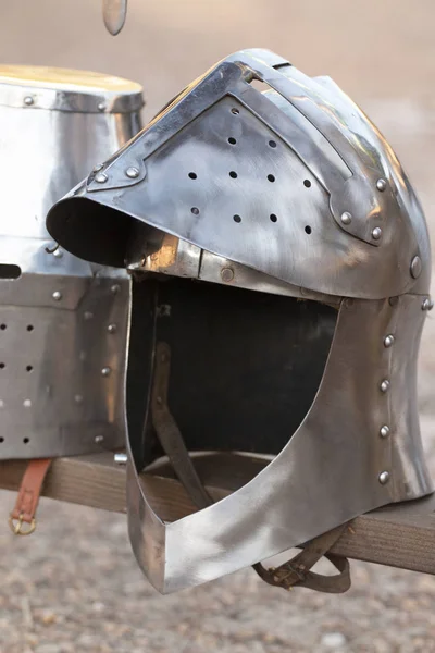 Close up view of Medieval battle helmet.