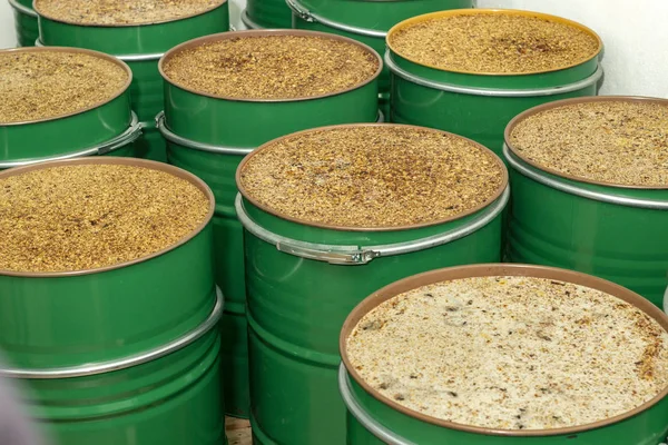 未经过滤蜂蜜的绿色金属桶组 — 图库照片