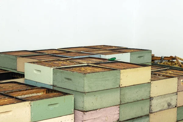 Blick Auf Viele Gestapelte Bienenkästen Auf Einem Imker Honigproduktionsbetrieb — Stockfoto